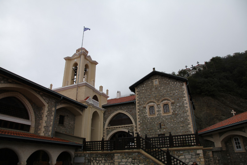 Kykkos Monastery on Cyprus with Greek flag