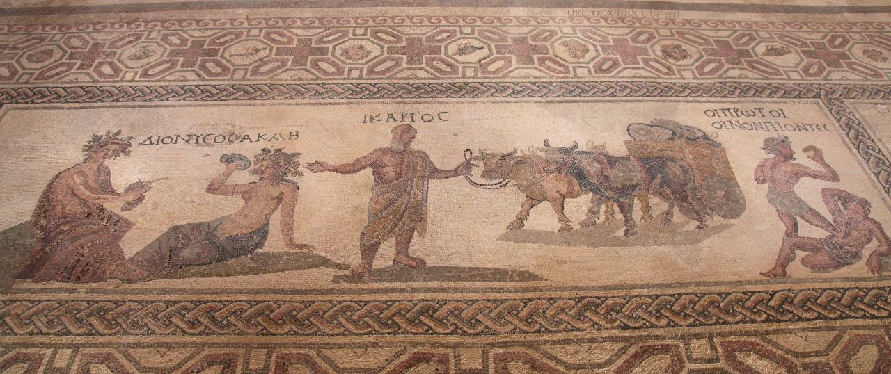 Icarios Dionysos Acme and the First Wine Drinkers as depicted on floor mosaic in Dionysos Palace in Paphos Cyprus