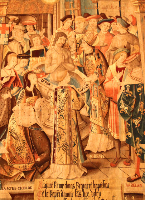 tapestry of Clovis baptized with St Clotilde and St Remi