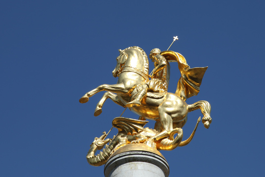 golden statute of Saint George in the center of Tblilisi