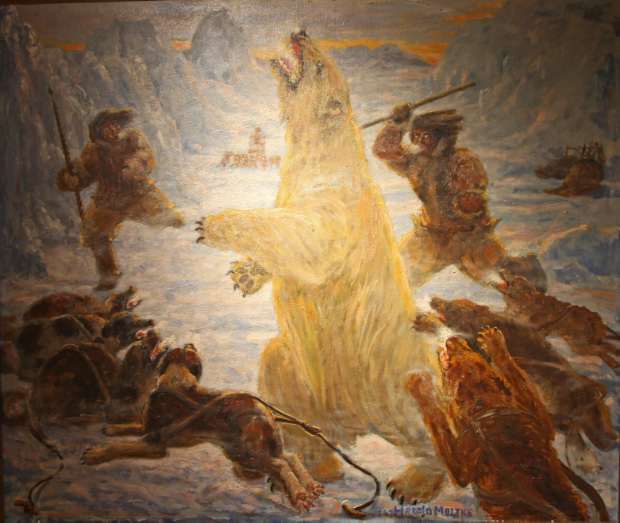 Polar bear and arctic hunters