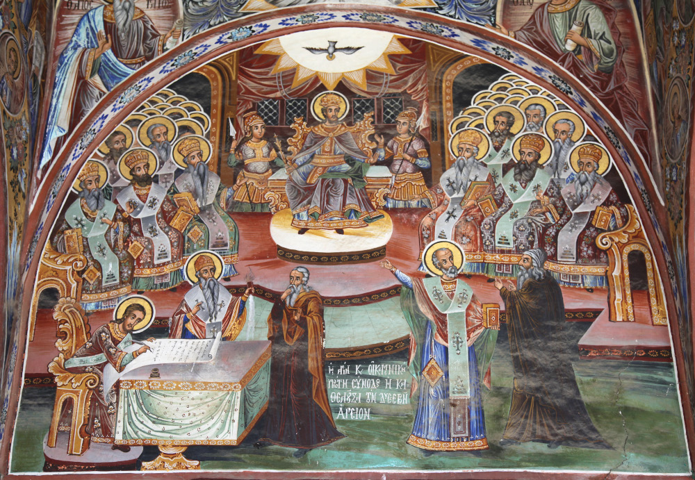 Fresco depicting the First Ecumenical Council in the narthex of the Church of Saint Athanasius the Athonite in the Great Lavra on Holy Mount Athos