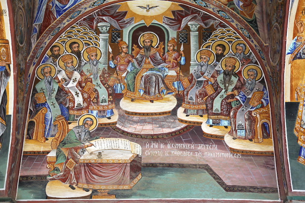 Fresco depicting the Second Ecumenical Council in the narthex of the Church of Saint Athanasius the Athonite in the Great Lavra on Holy Mount Athos