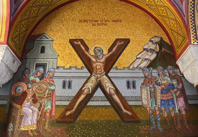 Mosaic of Saint Andrew crucified in Saint Andrews Cathedral in Patras Greece