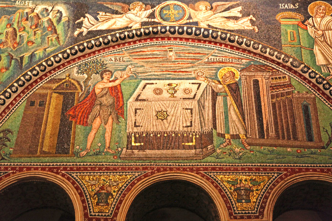 in Ravenna in Basilica of San Vitale mosaic of Abel and Melchisidec