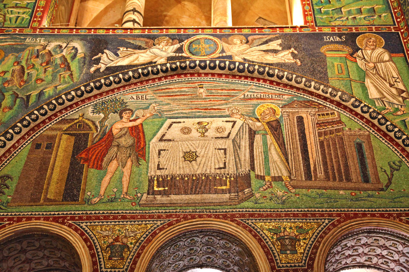 in Ravenna in Basilica of San Vitale mosaic of Abel and Melchisidec and Mose and Isaias