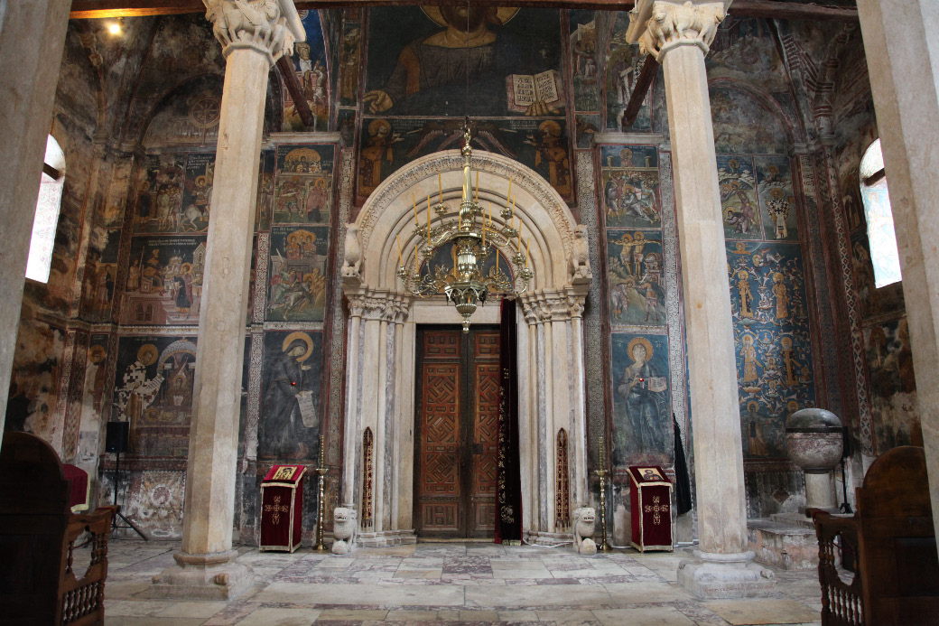 narthex facing main portal to the sanctuary of the Visoki Dečani Monastery in the Metohija region of Kosovo and Metohija