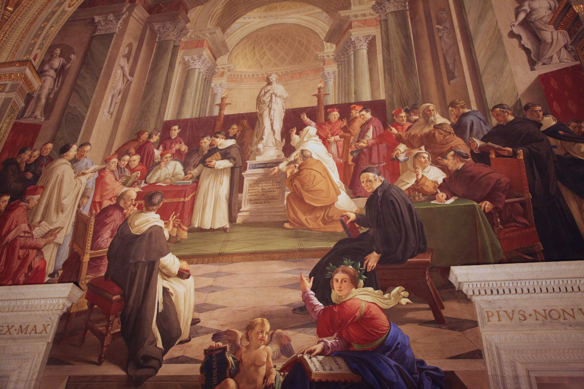 The Discussion of the Immaculate Conception by Francesco Podesti (with Pius IX in a cardinal's red hat) in the Vatican Room of the Immaculate Conception
