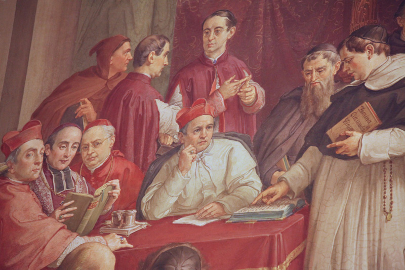 detail from The Discussion of the Immaculate Conception by Francesco Podesti (with Pius IX in a cardinal's red hat) in the Vatican Room of the Immaculate Conception