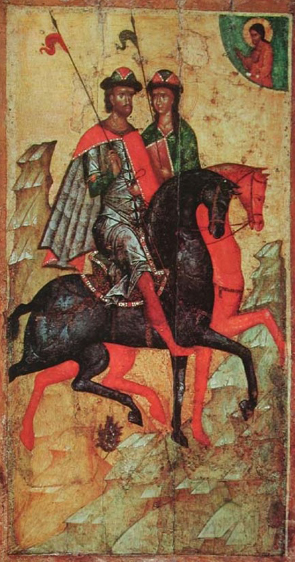 XIV century icon in the Tretiakov of Boris and Gleb on horseback
