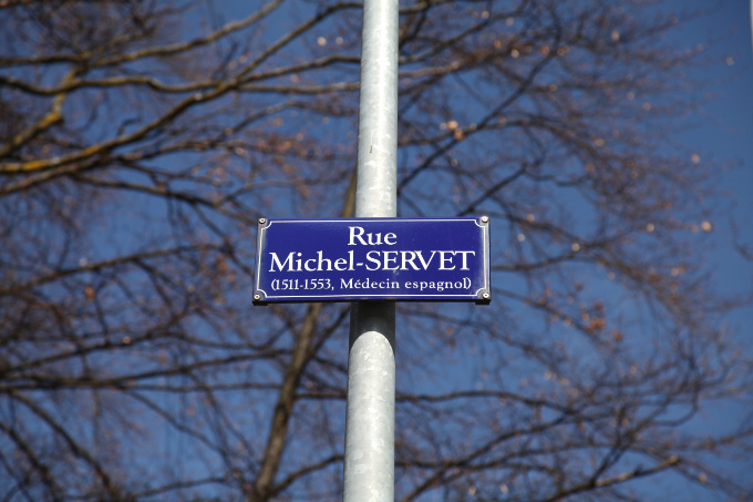 signpost for Rue Michel Servet in Geneva